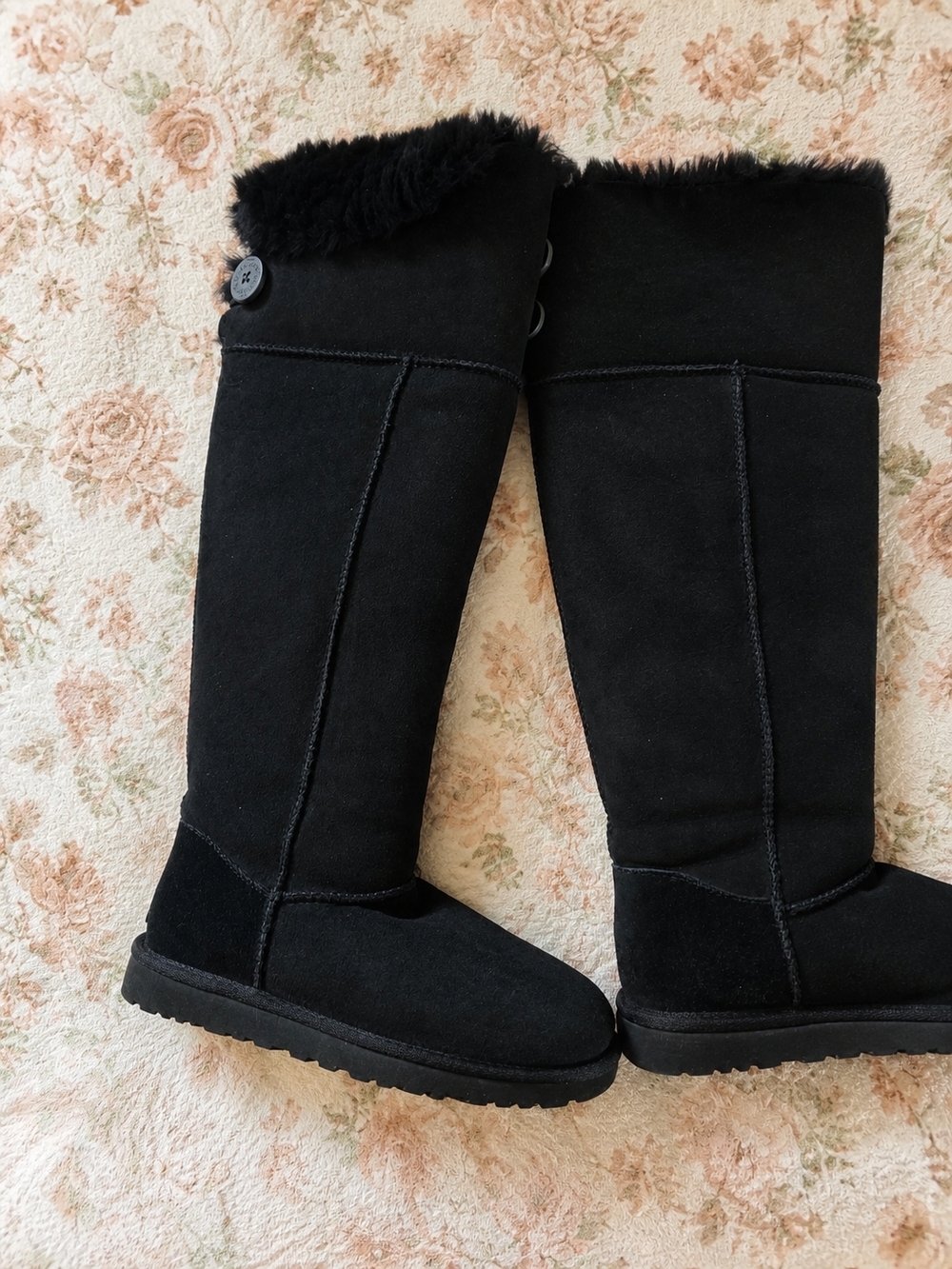UGG Black Over-the-Knee Suede Shearling Boots with Button Cuff